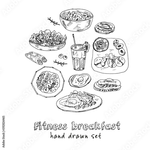 Fitness breakfast set with food and drink hand drawn doodles. Vector illustration