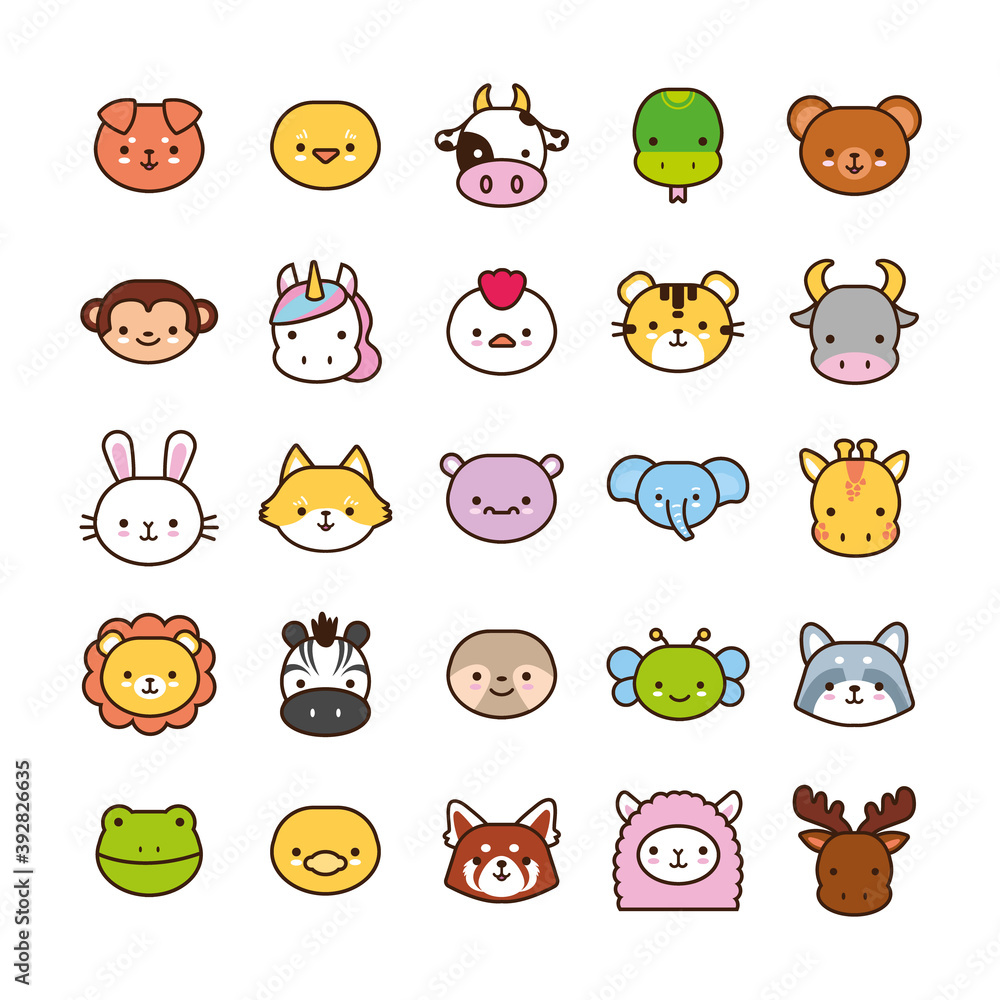 Obraz premium bundle of twenty five kawaii animals line and fill style