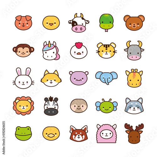 bundle of twenty five kawaii animals line and fill style