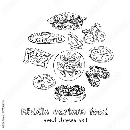 Middle eastern food menu doodle icons on chalkboard. Vector illustration