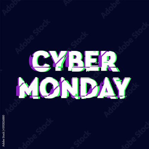 Cyber Monday sale and discount concept banner in distorted glitch style. Text and title for your Cyber Monday ad, branding, shares and social media design.