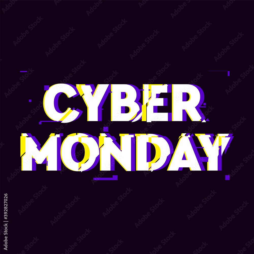 Cyber Monday sale and discount concept banner in distorted glitch style. Text and title for your Cyber Monday ad, branding, shares and social media design.