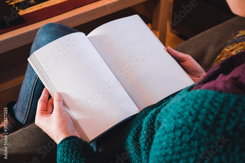 mockup reading book empty pages woman hands