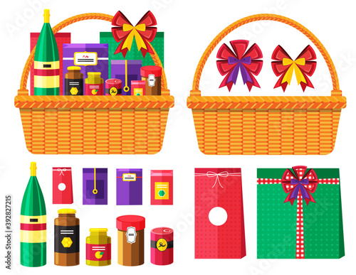 Illustration vector flat cartoon thing of grocery canned food isolated and basket or hamper for happy Christmas Thanksgiving day or New year gift setting on white background