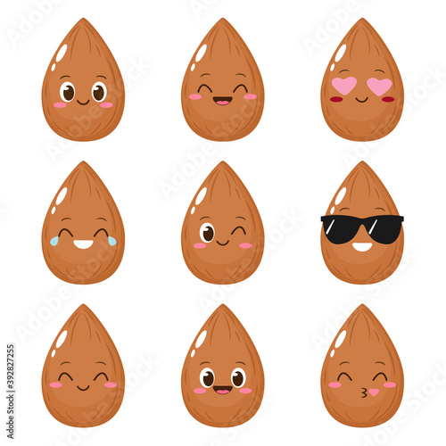 Cute happy brown almond character set