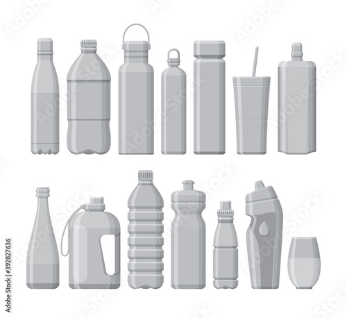 Set of different sport and plastic water bottles isolated on white