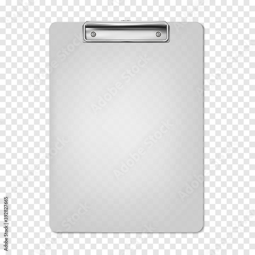 Translucent plastic clipboard on transparent background, realistic vector mock-up. Writing board with metal clip, mockup