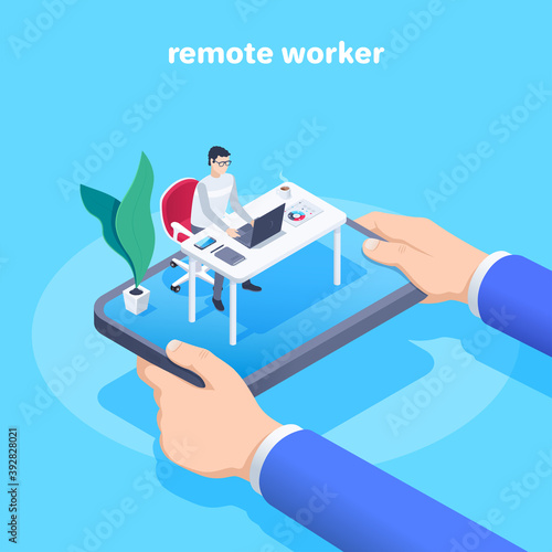 isometric vector illustration on a blue background, a man in a business suit holds a tablet, a remote worker at a table on a tablet screen