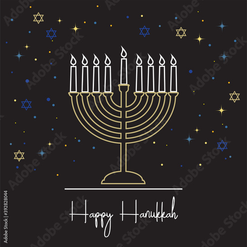 Happy Hanukkah lettering greeting card. Festive poster print typographical inscription. Hanukkah background with golden menorah pattern, traditional candelabra and candles Vector vintage illustration.