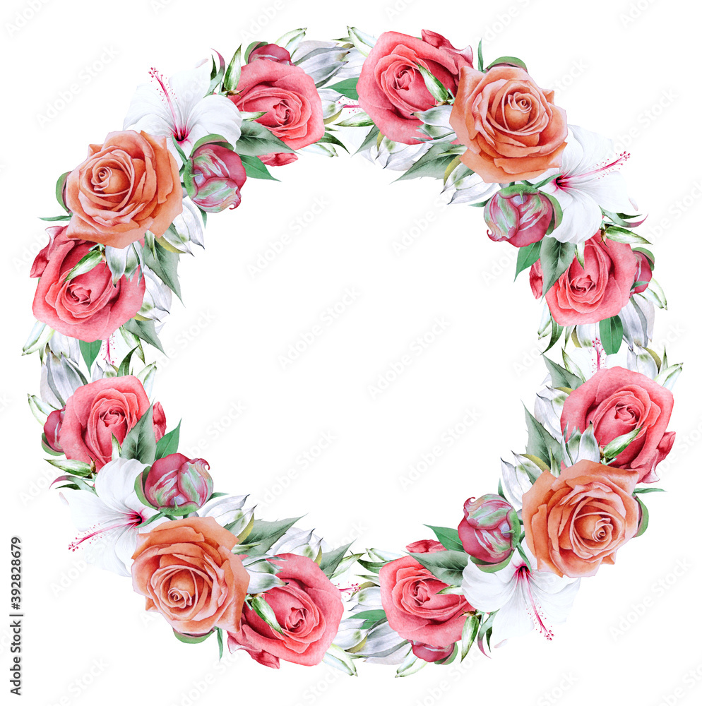Floral  watercolor wreath with hibiscus  and rose. Illustration. Hand drawn.