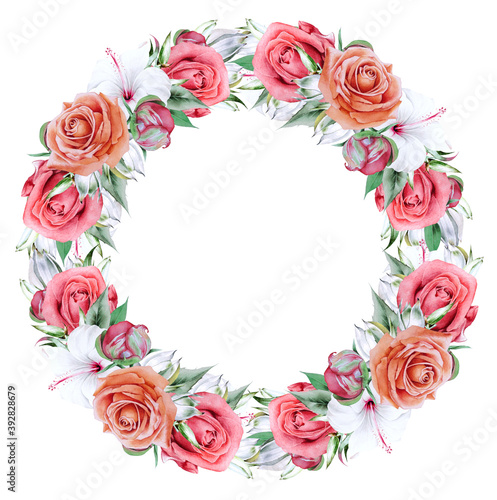 Floral watercolor wreath with hibiscus and rose. Illustration. Hand drawn.