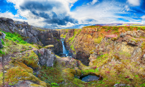 Marvelous view of  Kolugljufur canyon and Kolufossar falls. photo