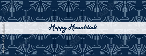 Happy Hanukkah banner . image of jewish holiday Hanukkah background with golden menorah pattern, traditional candelabra and candles