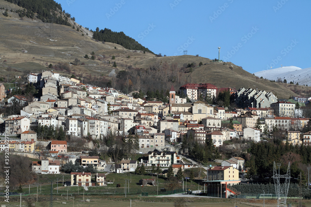 Rivisondoli, Italy - December 1, 2017: The tourist center of Rivisondoli famous for the practice of winter sports and for nature excursions photographed from the Strada Statale 17