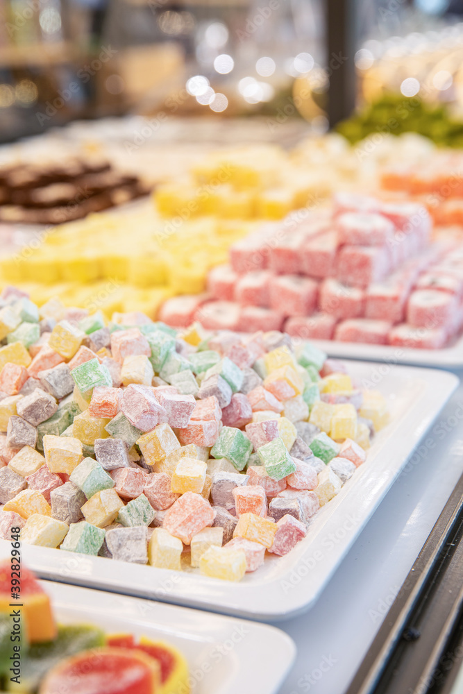 Traditional Turkish delight. Various pieces of arabic sweets or desserts for ramadan holiday 