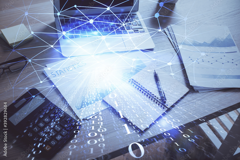 Multi exposure of desktop with computer on background and tech theme drawing. Concept of big data. Multi exposure of desktop with computer on background and tech theme drawing. Concept of big data.