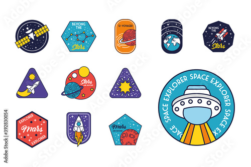 bundle of twelve space badges line and fill style icons