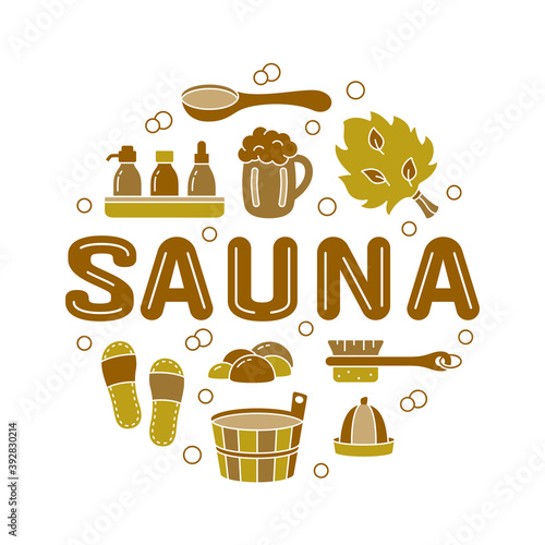 Sauna, color round emblem for label, print, poster with text. Brown outline illustration of wooden tub, ladle, hat, broom, beer mug, brush, soap, slippers. Cutout silhouette vector, white background