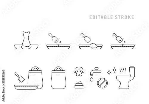 Cat litter set for packaging design. Line art icons, basic instruction. Toilet, tray, scoop, pet, poop, stench, paw, bag. Black simple illustration. Contour isolated vector pictogram. Editable stroke