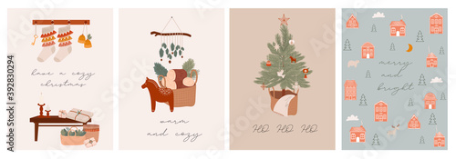 Merry Christmas or Happy New Year cute greeting cards set with holidays boho elements in scandinavian style. Cute hygge elements. Editable Vector illustration