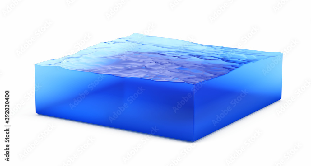 Cross section of water cube isolated on white 3d rendering Stock