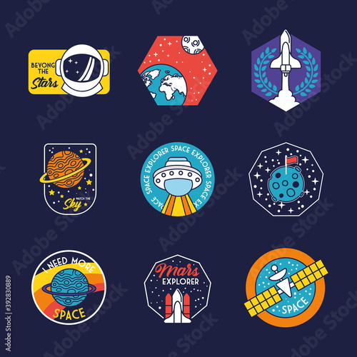 bundle of nine space badges in blue background line and fill style icons