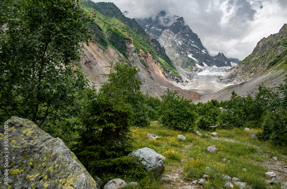 Chalaadi Glacier near Mestia, Svaneti, Georgia. The glacier was at the point of the photo in 1974. It has receded about 500 metres in 43 years. Chalaadi Glacier near Mestia, Svaneti, Georgia. The glacier was at the point of the photo in 1974. It has receded about 500 metres in 43 years.