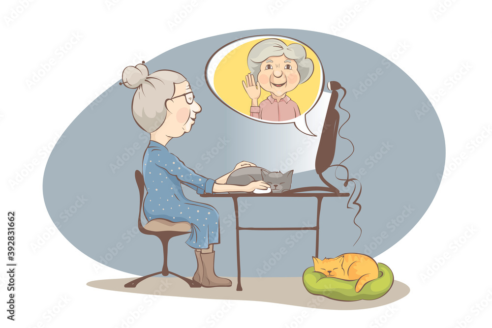 Chat with a friend online. Elderly woman is talking to an elderly woman through video calling, vector illustration. Chat with a friend online. Elderly woman is talking to an elderly woman through video calling, vector illustration.