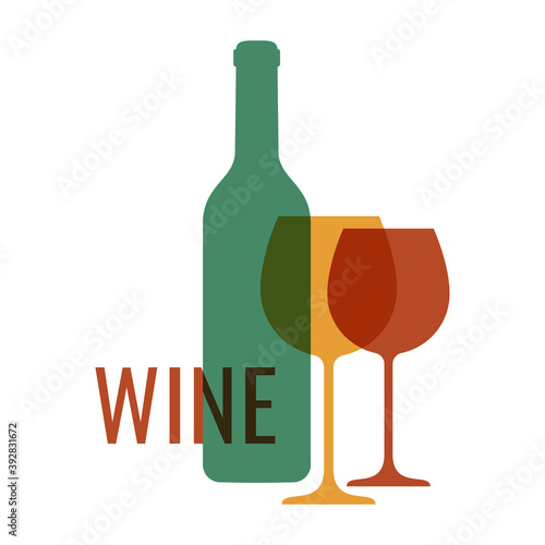 Wine logo with wine bottle and glass on white