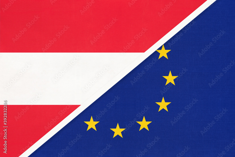 Austria and European Union or EU, symbol of national flags from textile. Austria and European Union or EU, symbol of national flags from textile.