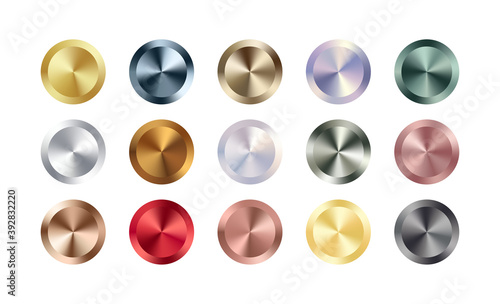 Metal chrome circle badge set. Vector Metallic rose gold, bronze, silver, steel, holographic rainbow, golden buttons. Foil shiny color design elements for background, web, apps