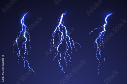 Lightning thunderstorm on dark background. Blue thunderbolt flare. Blue abstract background glow light effect electric lightning. Vector illustration