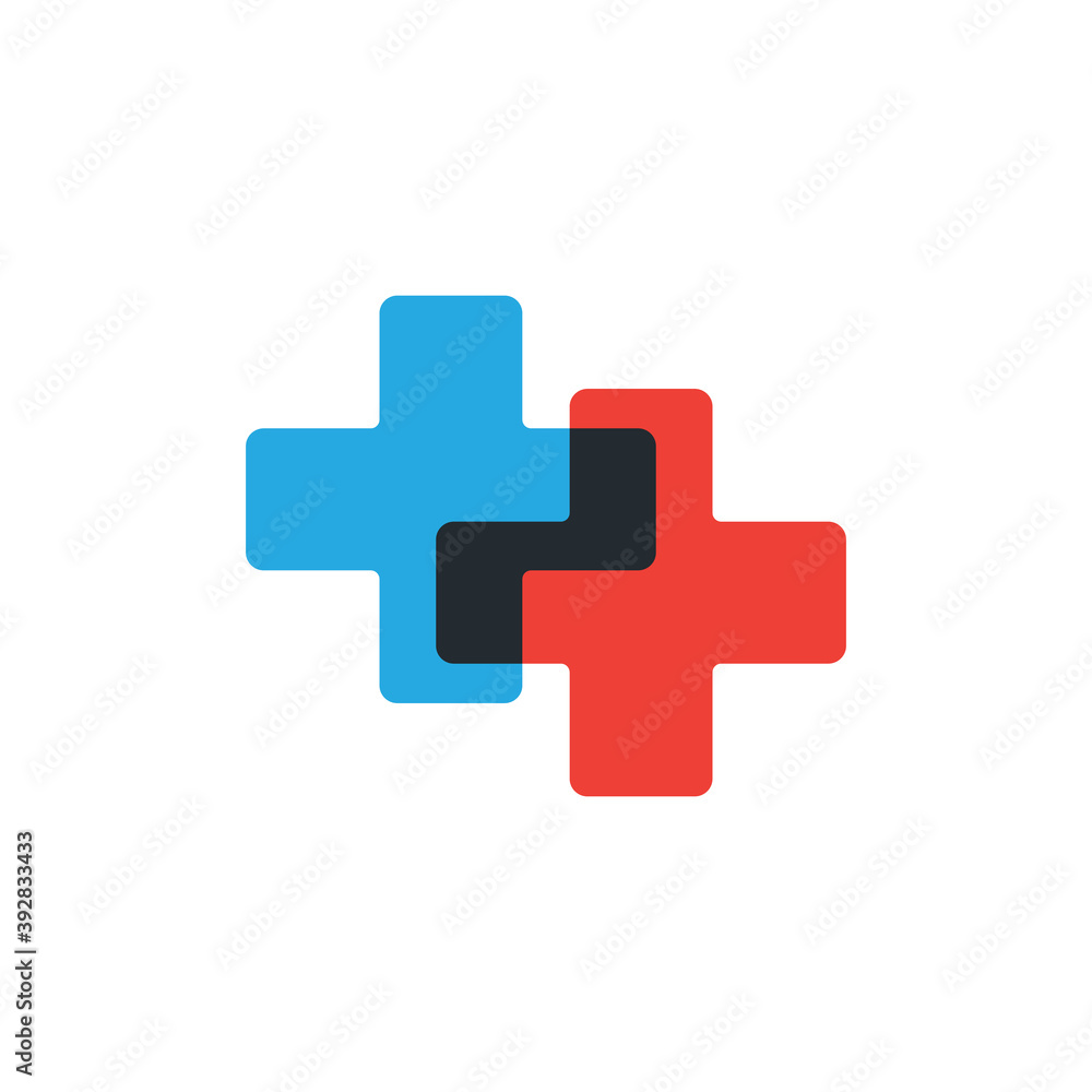 Medical logo icon design template with two crosses or plus. Vector sign. Stock vector illustration isolated on white background.