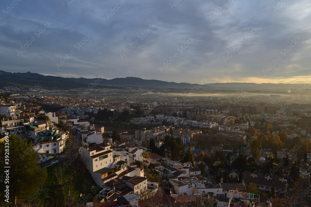 Granada during Sunset seen from Carmen de los Martires Park, Spain