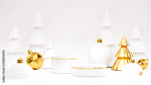 Happy New Year Background With Podium, Christmas tree and gifts. 3D rendering.
