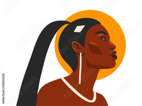 Hand drawn vector abstract stock flat graphic illustration with ethnic tribal black beautiful african american woman and golden earrings simple style ,isolated on white background