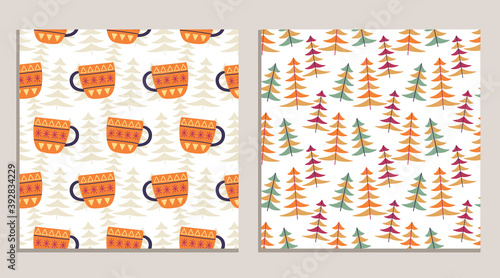 Mid century vintage Christmas winter holiday seamless pattern set