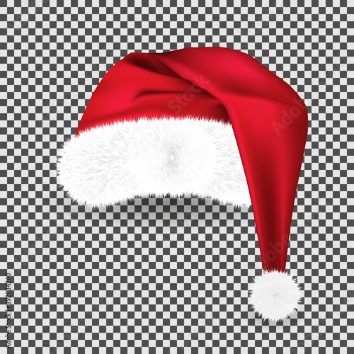 Realistic red traditional Santa Claus hat on transparent background. New year red hat for video chat photo effect or selfie face filter. Vector illustration of Christmas cap with fur