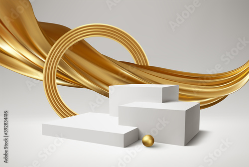 Background 3d white podium product and realistic golden swirl on the white background. Modern white cube podium, great design for any purposes. Vector illustration