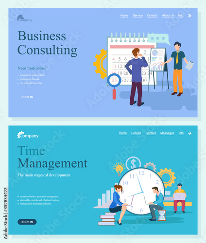 Business consulting of fresh ideas, system analysis, profit growth and knowledge. Time management, main stages of development, principles and rules vector. Website template, landing page flat style