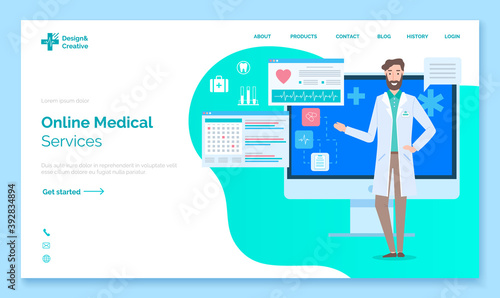 Landing medical site page. Online medical services. Doctor on the background of a computer monitor with graphs and reports. Symbol of first aid. Flasks, test tubes, cardiogram. Flat illustration