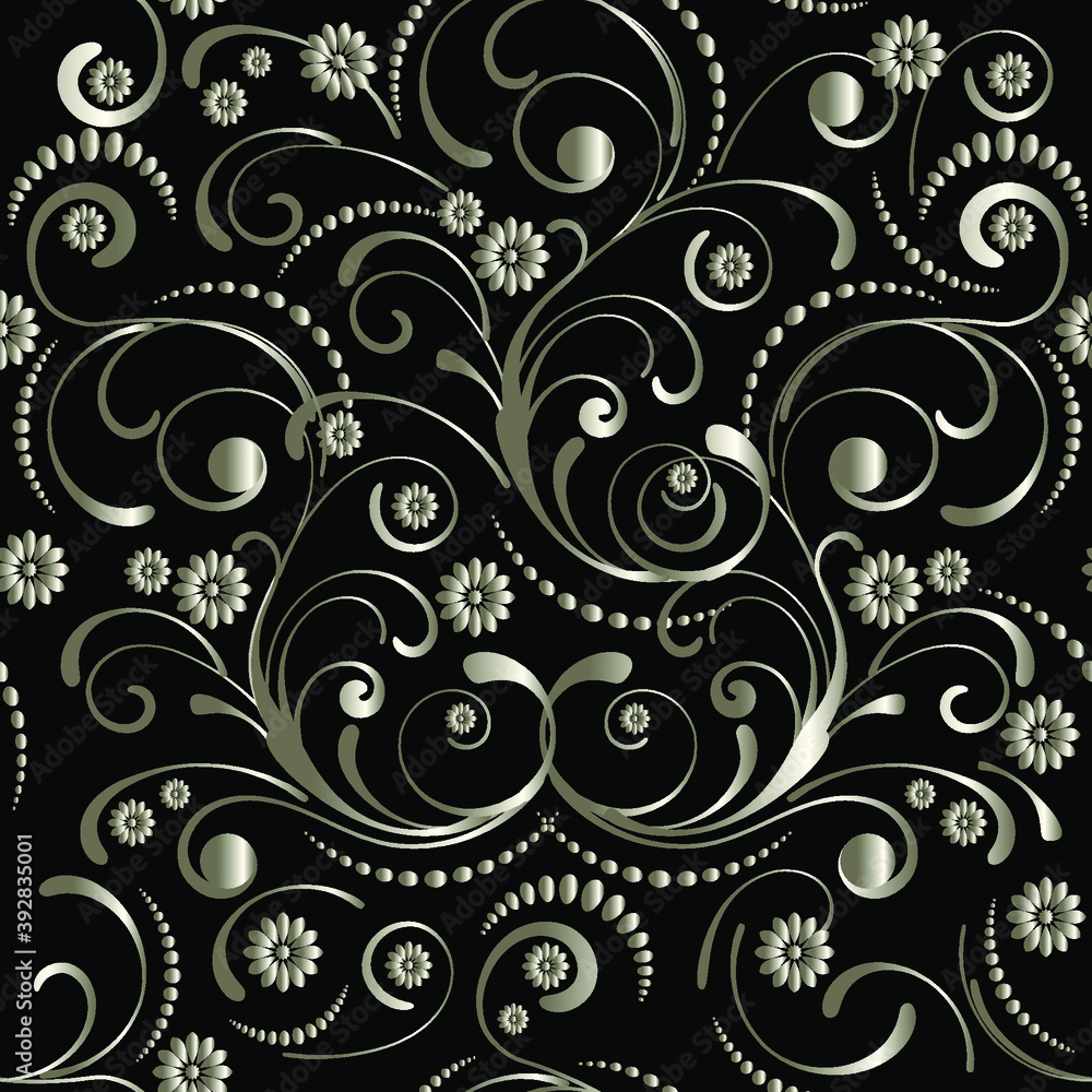 Silver seamless floral pattern on a black background Silver seamless floral pattern on a black background
