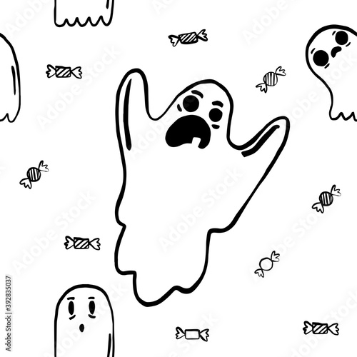 Halloween pattern with ghosts. Nice kids spooky halloween texture for textile, wrapping paper, cover, background, wallpaper. Seamless pattern with cute little cartoon ghosts.