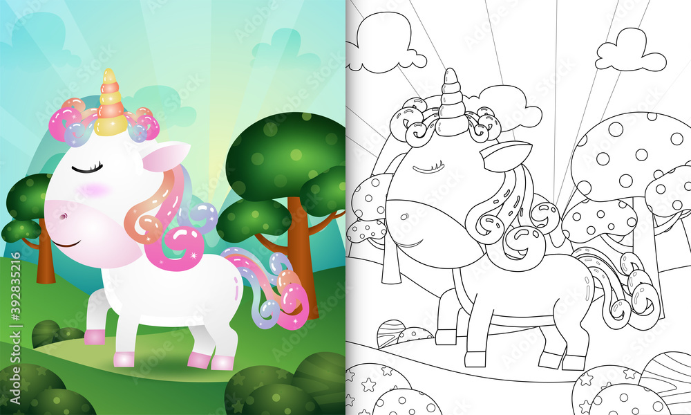 Obraz premium coloring book for kids with a cute unicorn character illustration