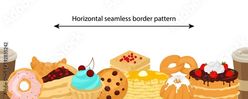 Vector seamless pattern with sweet desserts. Yummy pastry and bakery goods. Muffin, cake, donut, cookie with chocolate, wafer, pretzel, french croissant and pie. Horizontal seamless border pattern.