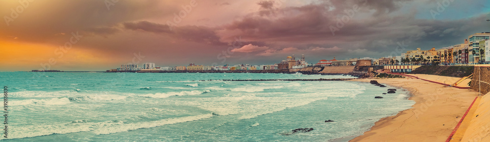 Panoramic view of Cadiz townscape during sunset. Spain
