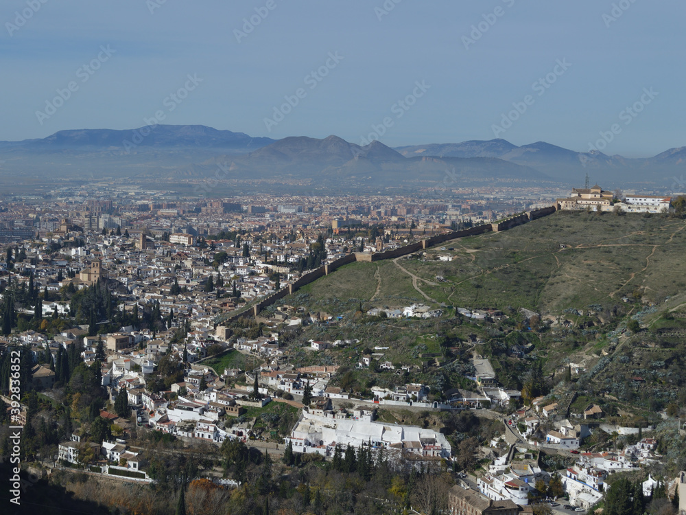 Panorama of Granada and Sacromonte Hill with City Wall seen from Dehesa del Generalife, Spain
