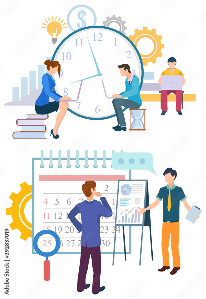 Woman on pile of books working with laptop. Man on hourglass. Time management and procrastination concept, planning and strategy vector illustration Woman on pile of books working with laptop. Man on hourglass. Time management and procrastination concept, planning and strategy vector illustration