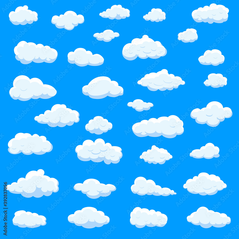 White cartoon clouds set isolated on blue background. Collection of different cartoon clouds for background template, wallpaper and sky design. Cartoon clouds vector. Sky illustration