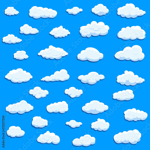 White cartoon clouds set isolated on blue background. Collection of different cartoon clouds for background template, wallpaper and sky design. Cartoon clouds vector. Sky illustration